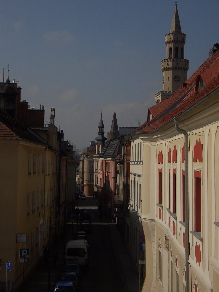 Blick auf die Oppelner Altadt mit dem Museum rechts. Im Hintergrund der Rathausturm. Aufnahme vom Frhjahr 2012