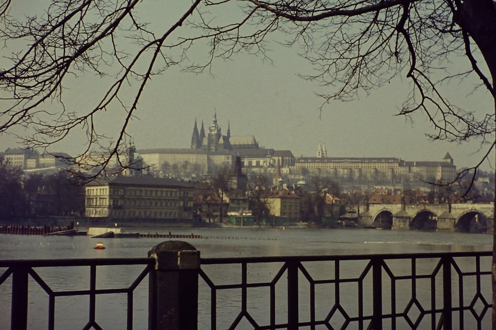 Blick ber die Moldau auf den Hradschin mit der Prager Burg und dem Veitsdom. (April 1969)
