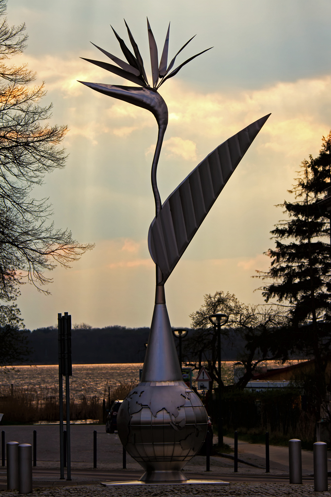 Das Strelitzien-Denkmal in Neustrelitz steht im Kreisverkehr nahe des Zierker Sees. - 29.04.2013
