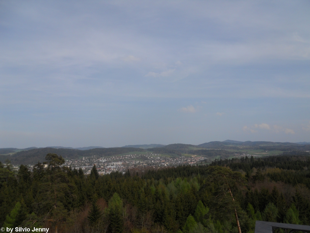 Eigentlich msste man beim Blick vom Eschenbergturm in Richtung Sdosten der Stadtteil Seen sehen. Doch aufgrund der dichten Bewaldung (Winterthur ist die Stadt der Schweiz, die anteilsmssig am meisten Waldflche hat) sieht man bloss Oberseen und die Aussenwachen Eidberg und Gotzenwil, 25.4.2010.