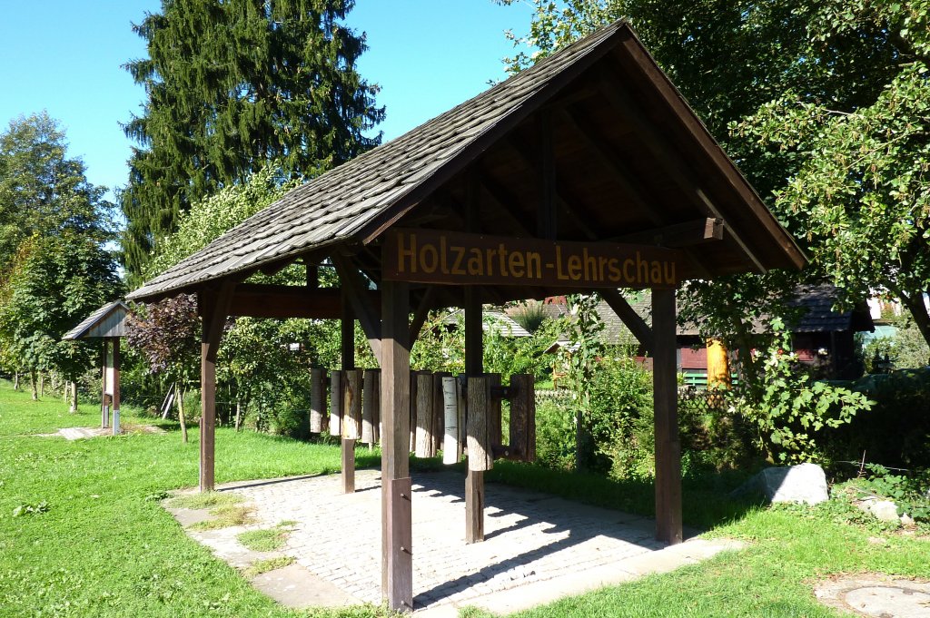 Lahr-Reichenbach,an der historischen Hammerschmiede steht dieser Holzlehrstand, der 18 verschiedene Holzarten zeigt, Okt.2012