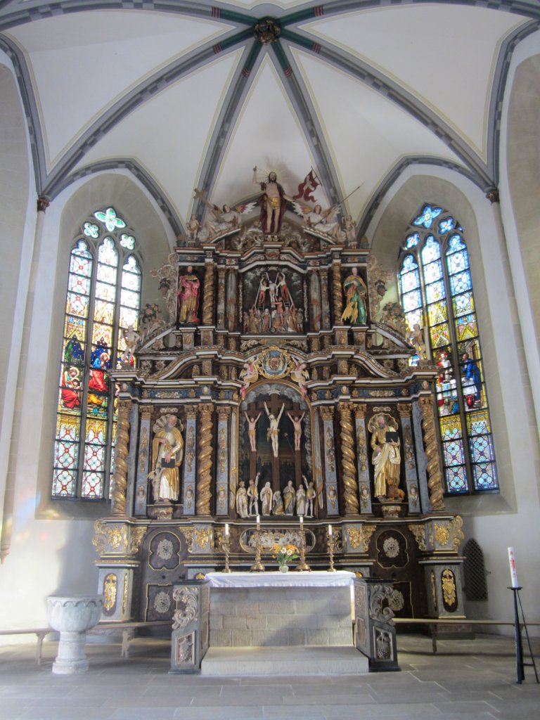 Quedlinburg, Hochaltar von 1712 der St. Nikolai Kirche, erbaut vom Goslarer 
Bildschnitzer Jobst Heinrich Lessen, farbige Fassung vom Maler Heinrich Erdmann 
Riese (30.09.2012)