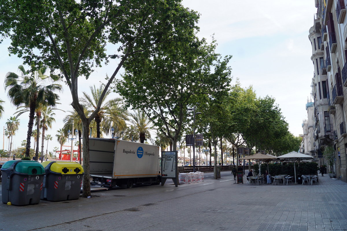 Am Passeig de Colom in Barcelona. Die mit Palmen gesumte Kstenstrae wurde anlsslich der Weltausstellung im Jahre 1888 erffnet. 17.04.2019.