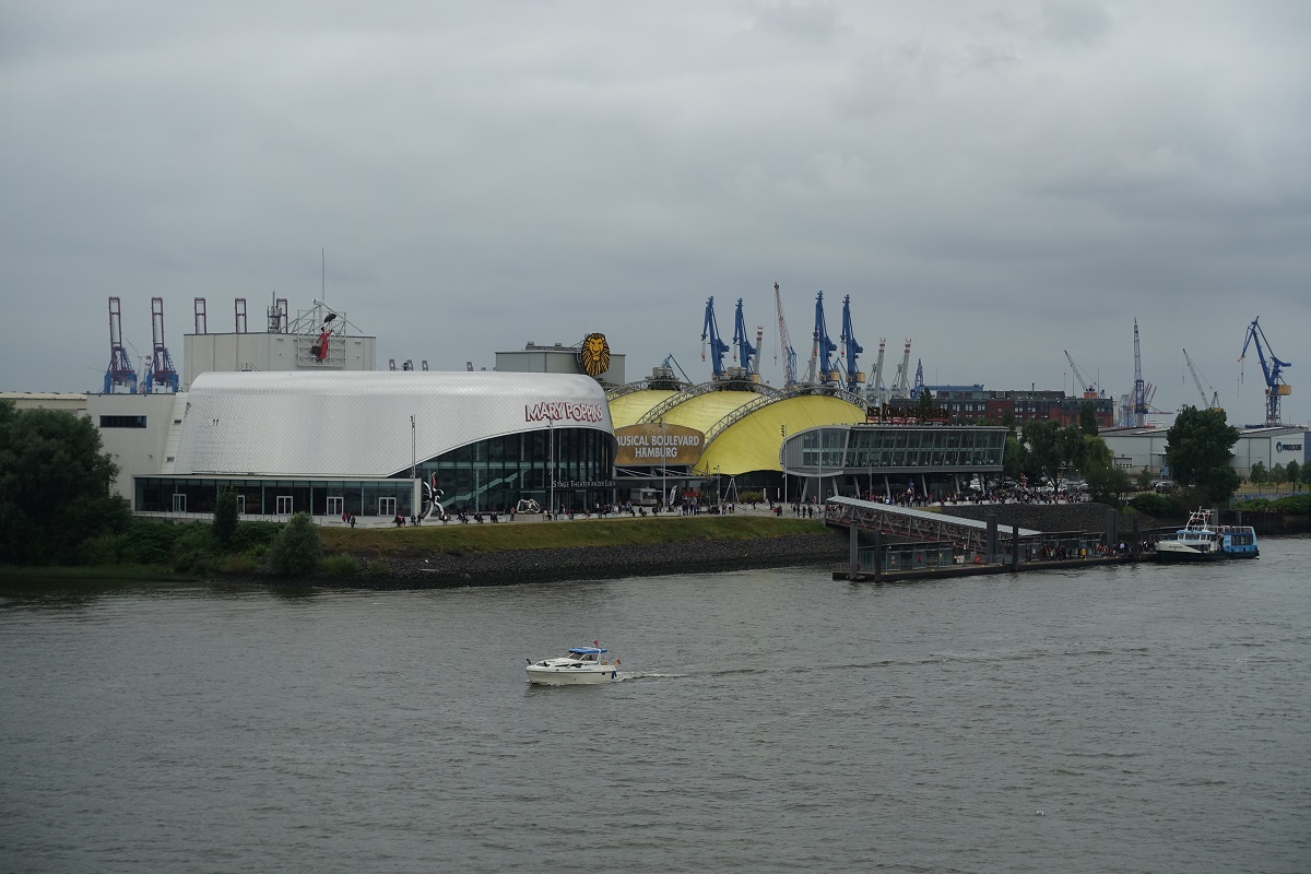 an der Elbe am 14.7.2019: Hamburg, Blick auf das Hafentheater Ensemble, die ersten Zuschauer sind unterwegs,  Foto von Bord der CAP SAN DIEGO /  
