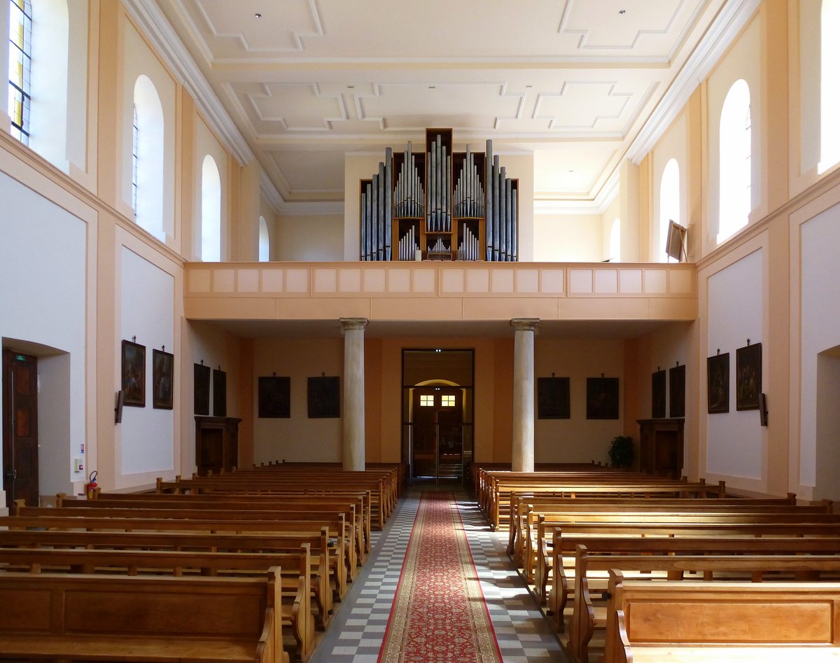 Artzenheim, Blick zur Orgelempore in der Kirche St.Jakobus, Juni 2017