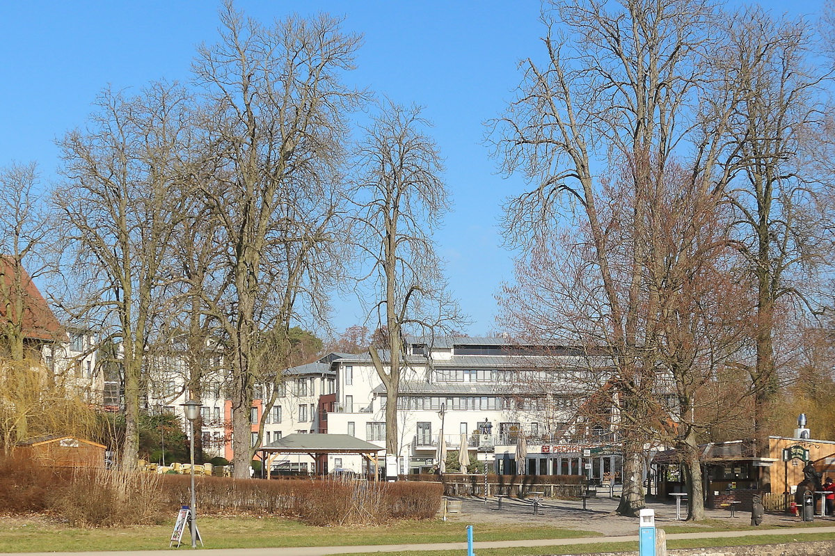 Bad Saarow am 05. Mrz 2022 Blick auf/durch die Parkanlage in Richtung Hotelanlage.