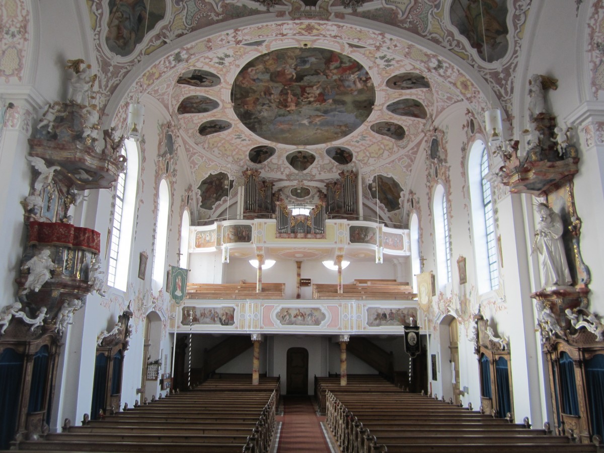 Bertoldshofen, Orgelempore und Deckengemlde der St. Michael Kirche, Orgel von 1736 von Georg Ehinger (06.03.2014)