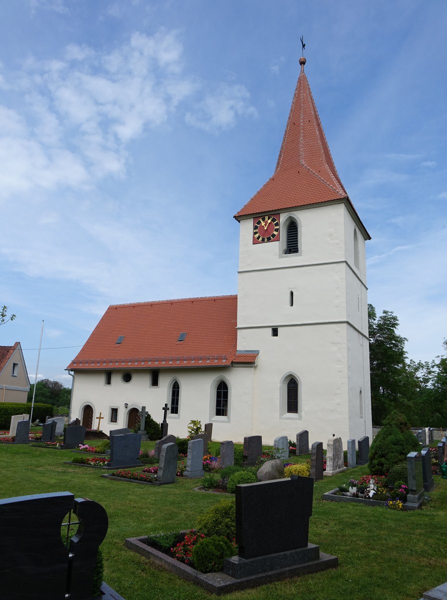 Bettenfeld, Ev. St. Wendelin Kirche, gotische Chorturmkirche mit Spitzhelm und angefgtem Langhaus, erbaut im 13. Jahrhundert (29.05.2016)