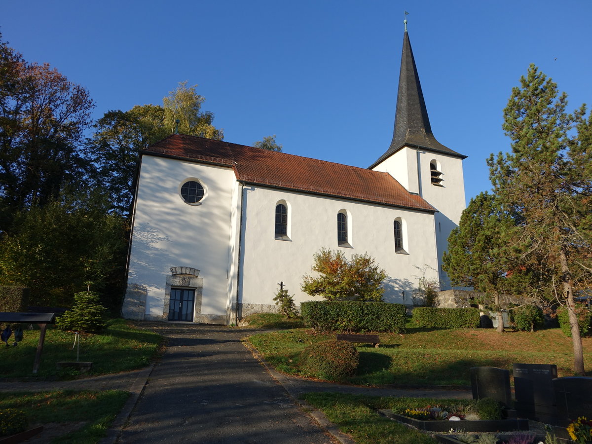 Bieberbach, evangelische Reformationsgedchtniskirche, erbaut von 1948 bis 1952 durch Prof. Karl Pfeiffer-Haardt (13.10.2018)