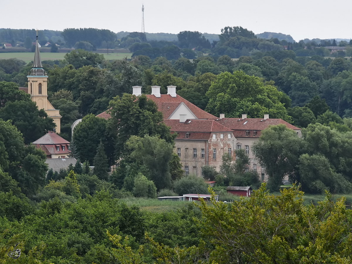 Blick vom Bauwipfelpfad der  Ivenacker Eichen  auf den Ort Ivenack mit seiner Kirche und dem Schloss. (August 2021)