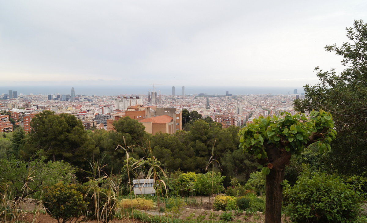 Blick vom Park Gell ber Barcelona Richtung Meer. In der Bildmitte ist unter anderem die Sagrada Familia mit ihren zahlreichen Baukrnen zu erkennen, 18.04.2019.