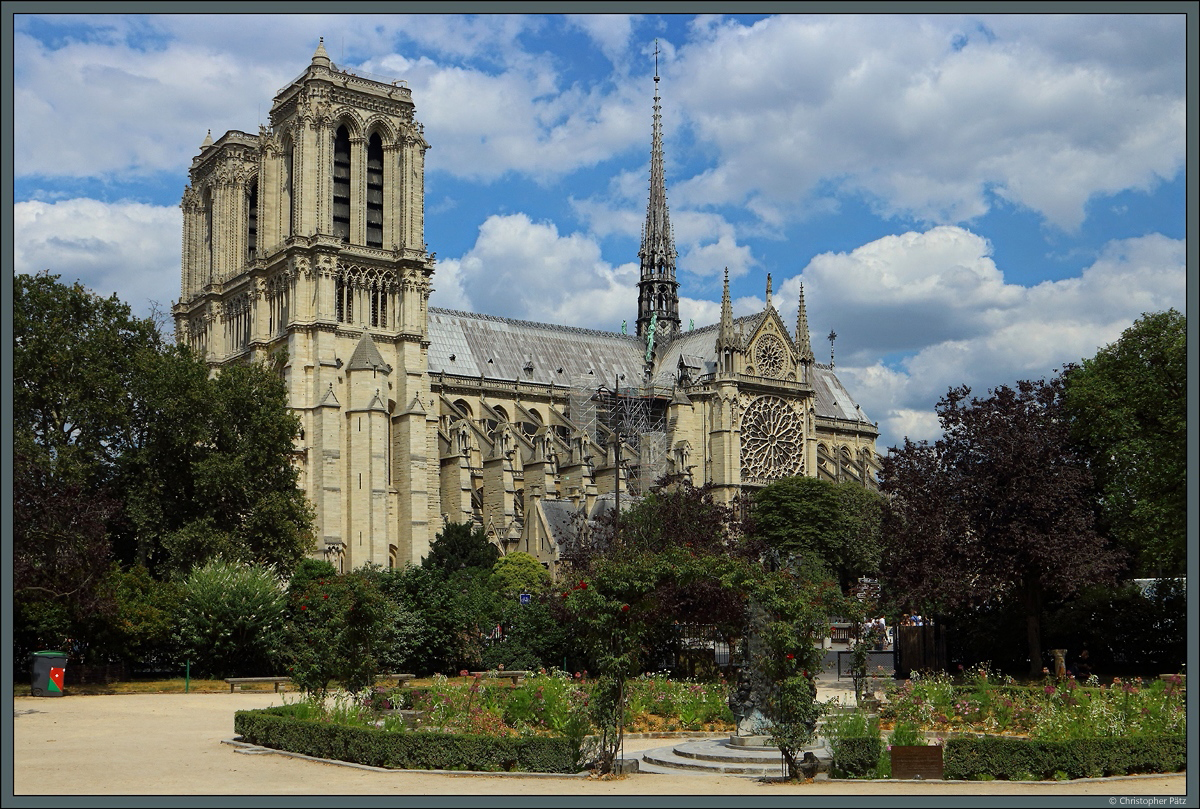 Blick vom Square Ren-Viviani auf die Kathedrale Notre Dame de Paris. (Paris, 18.07.2018)