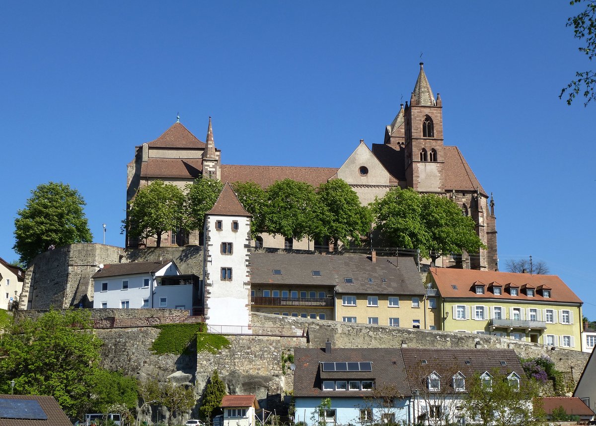 Breisach, Blick hinauf zum Mnster St.Stephan auf dem Burgberg, davor der Hagenbachturm der ehemaligen Stadtbefestigung, April 2017