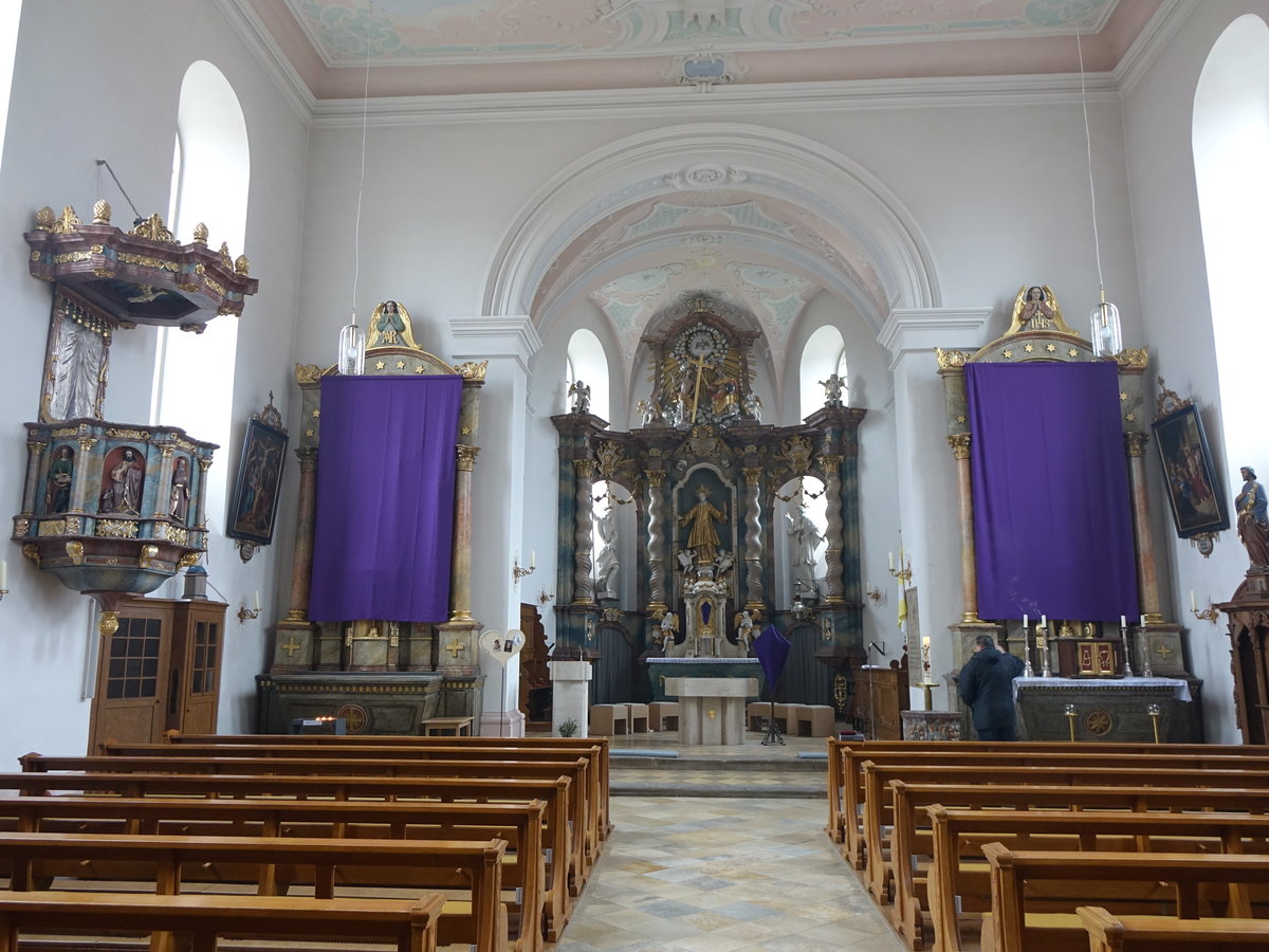 Bundorf, Kanzel und Altre in der kath. Pfarrkirche St. Laurentius (25.03.2016)