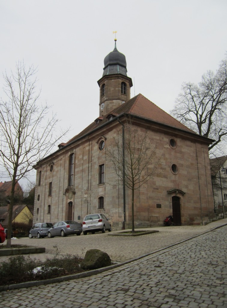 Cadolzburg, Markgrafenkirche St. Ccilia, erbaut von 1750 bis 1751 als barocker
Saalbau (09.02.2014)