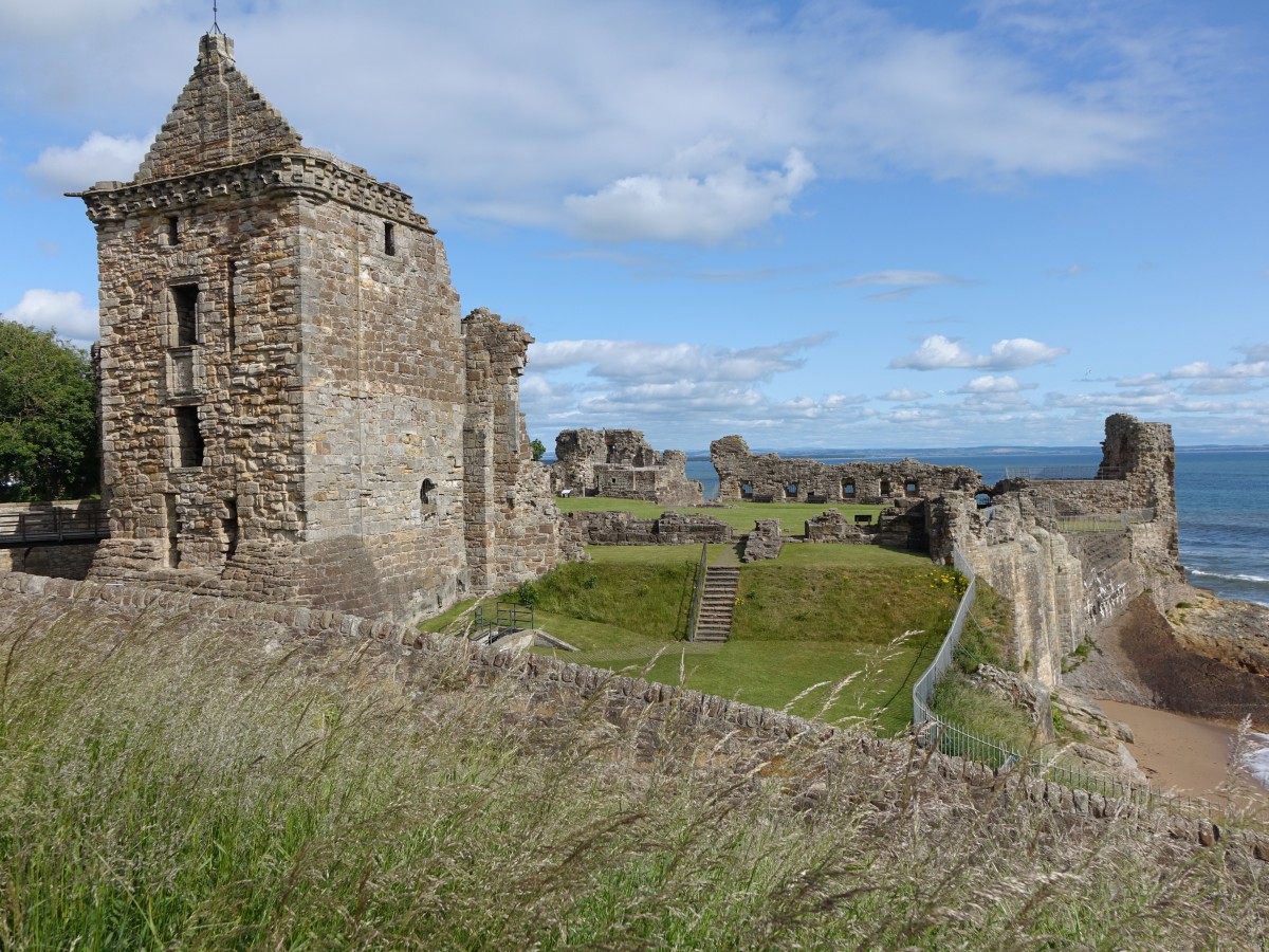 Castle von St. Andrews, die Festung des Bischofs auf einer Klippe enstand um 1200, 
erhalten ist noch der 4 stckige Sdturm (09.07.2015)