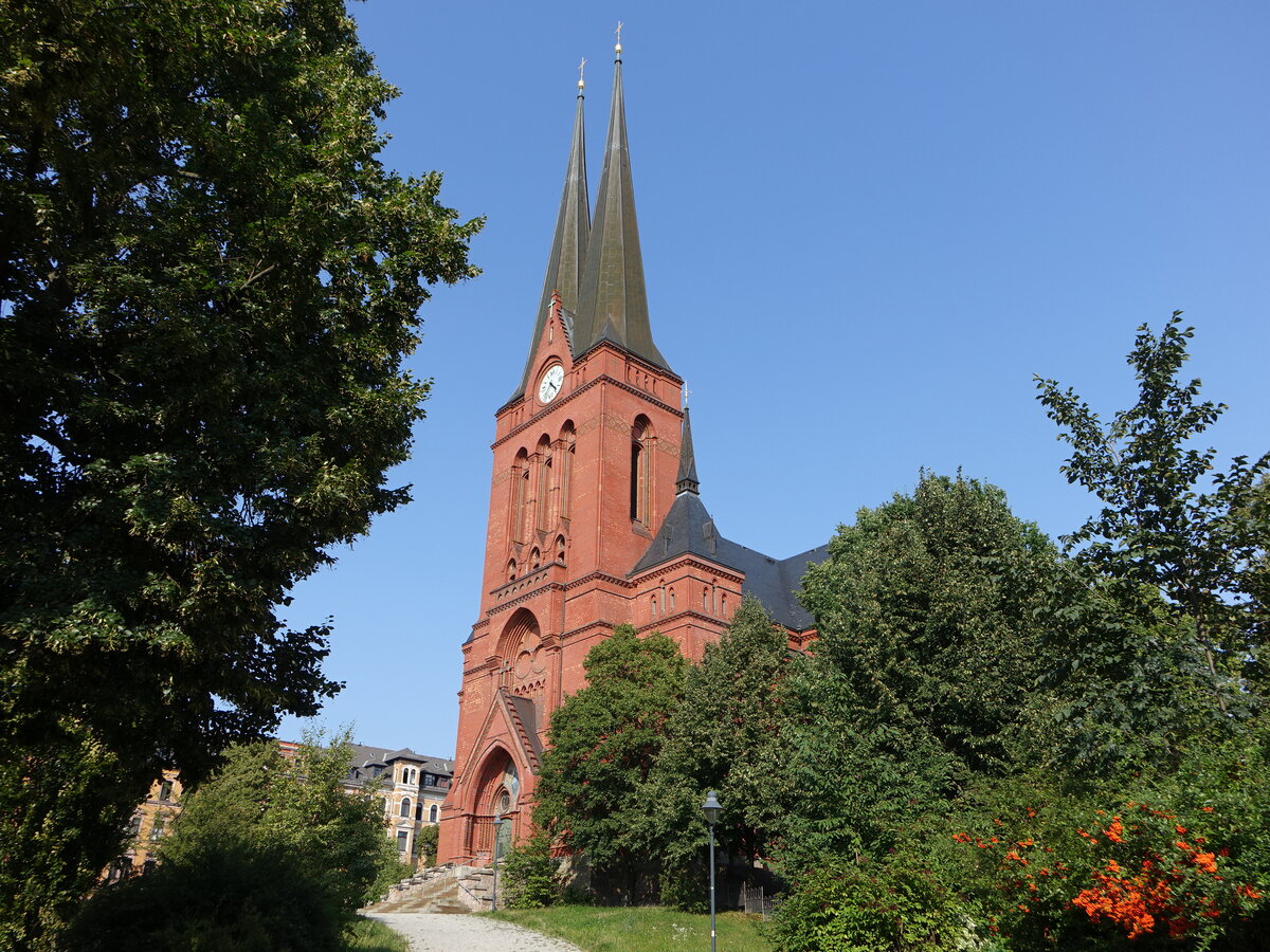 Chemnitz, evangelische St. Markus Kirche, erbaut von 1893 bis 1895 nach Entwrfen der Berliner Architekten Abesser und Krger im Stil der norddeutschen Backsteingotik (20.08.2023)
