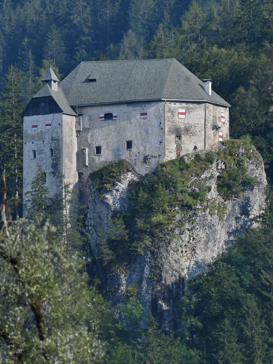 Das auf einem steil aufsteigenden Felsen etwa 200 Meter ber der Talsohle des Oberen Drautals errichtete Schloss Stein. (Dellach, August 2019)