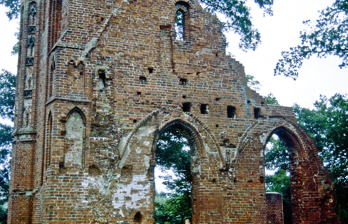 Das Kloster Eldena ist ein ehemaliges Zisterzienserkloster im Greifswalder Ortsteil Eldena. Das Kloster ist nur als Ruine erhalten.  Bild vom Dia. Aufnahme: August 2001.