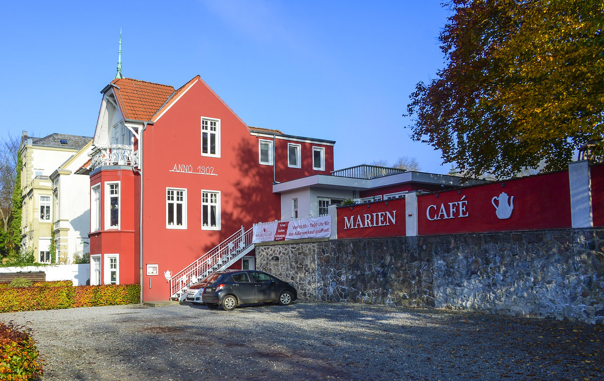 Das ursprngliche Marien-Caf verdankt seinen Namen der gegenberliegenden St. Marien Kirche am Flensburger Nordermarkt. 2013 erffnete das Marien-Caf neu: An der Ballastbrcke in der restaurierten Marien-Caf-Villa. Aufnahme: 8. November 2020.