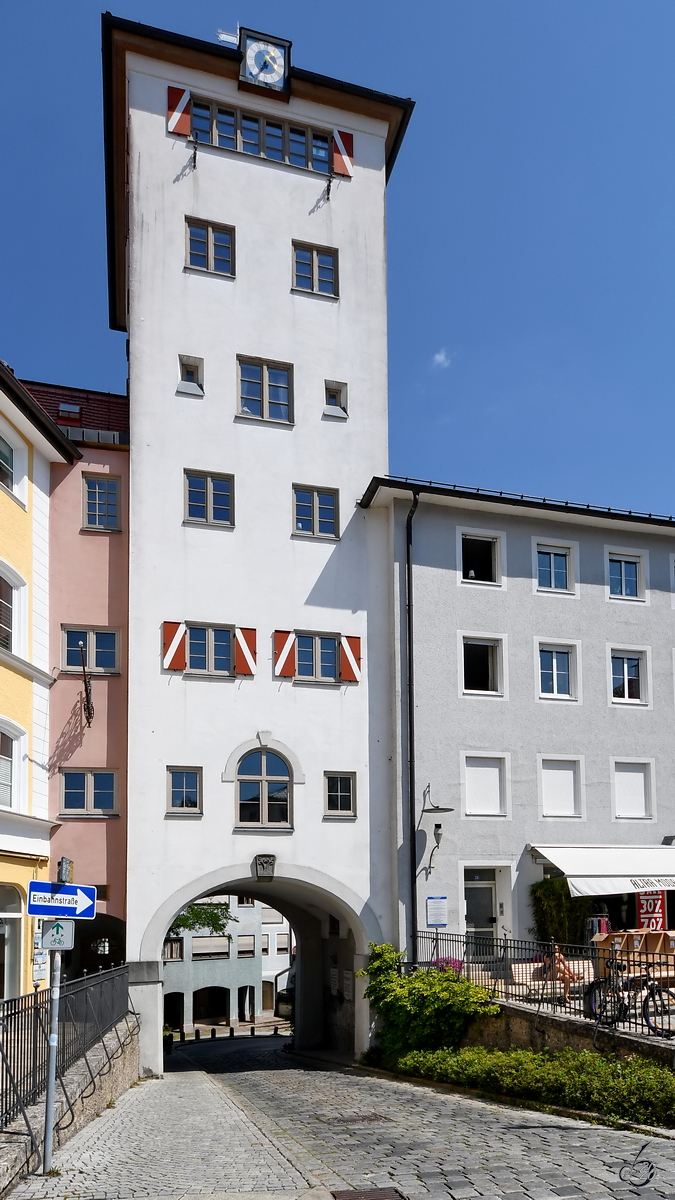 Das Wahrzeichen von Traunstein ist der im 16. Jahrhundert erbaute Jacklturm. (August 2020)