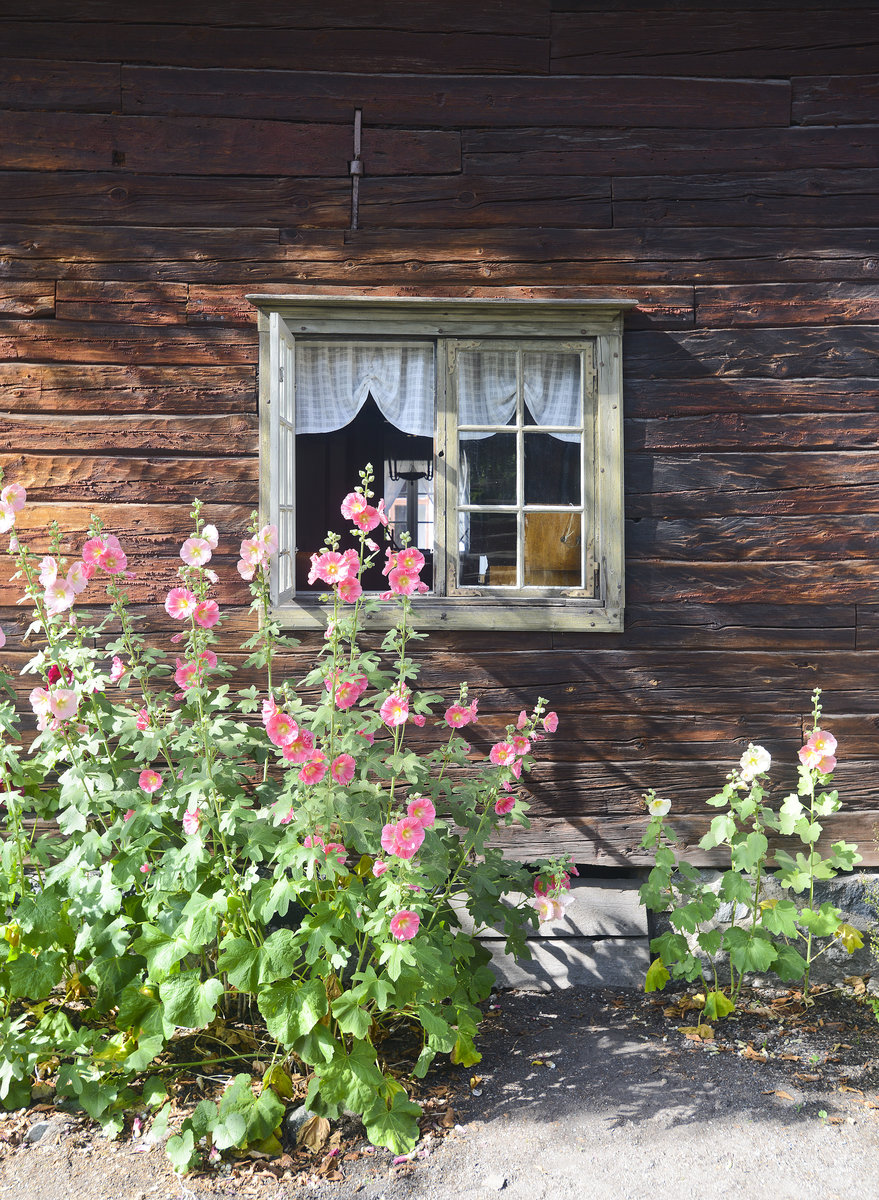 Detailaufnahme eines Holzhauses im Stockholmer Freilichtmuseum Skansen. Aufnahme: 26. Juli 2017.