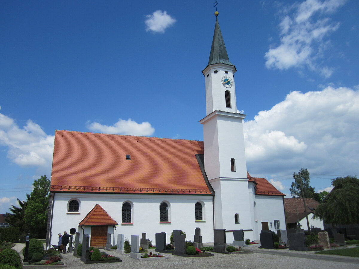 Dettenhofen, Pfarrkirche St. Martin, sptgotisch, Umbau 1777, Kirchturm nach Sturmschaden neu erbaut von 1834 bis 1835 (31.05.2014)