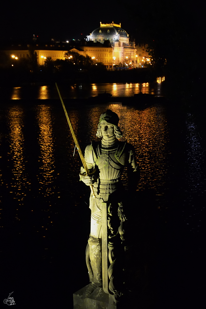 Die Statue von Bruncvk befindet sich auf der Sdseite der Karlsbrcke in Prag. (September 2012)