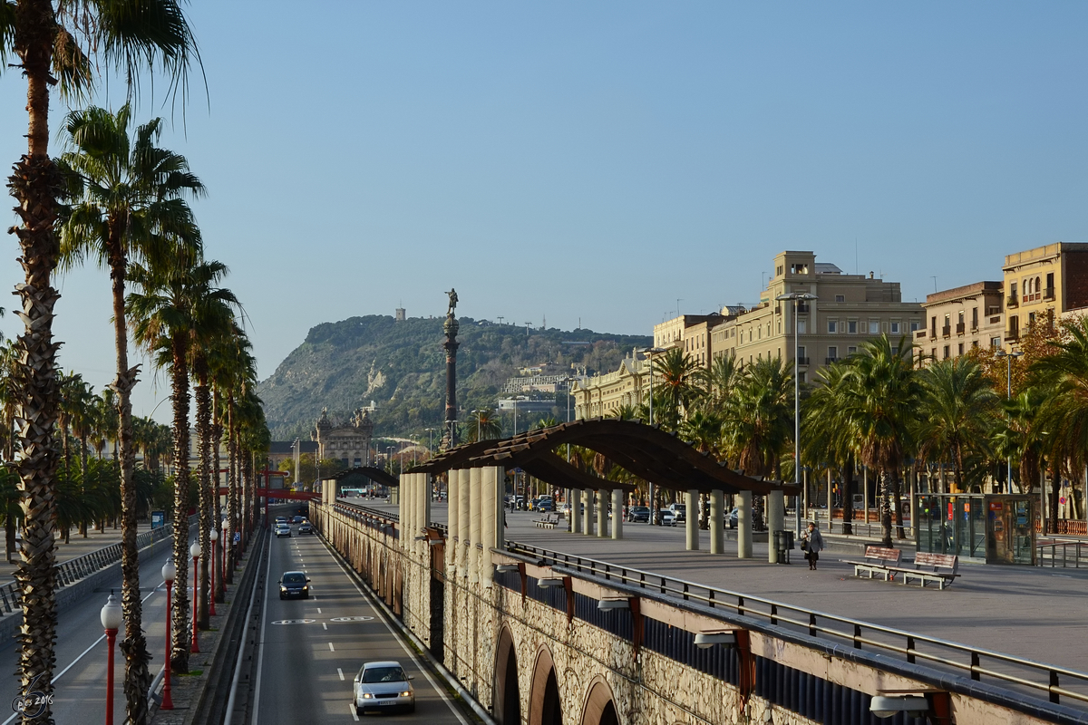 Die Strae  Passeig de Colom  und die Promenade am alten Hafen in Barcelona. (Dezember 2011)