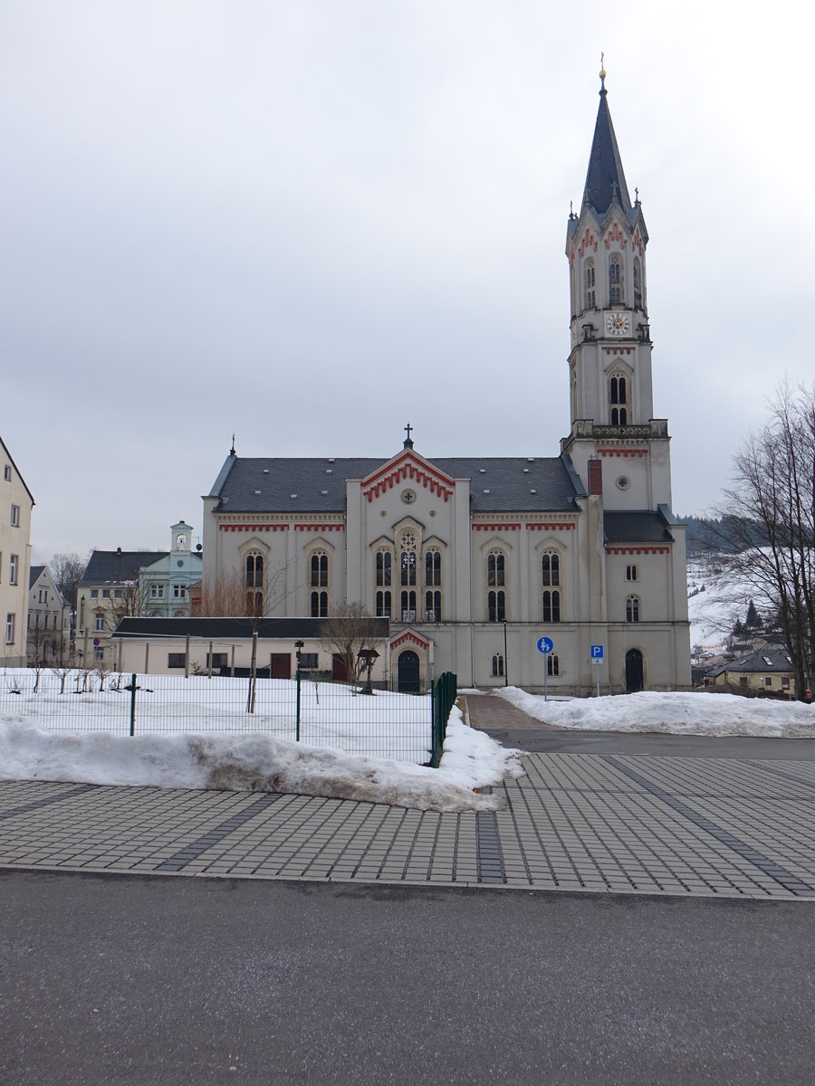 Eibenstock, neuromanische Ev. Stadtkirche, erbaut von 1864 bis 1868 durch Oskar Sommer (19.02.2017)
