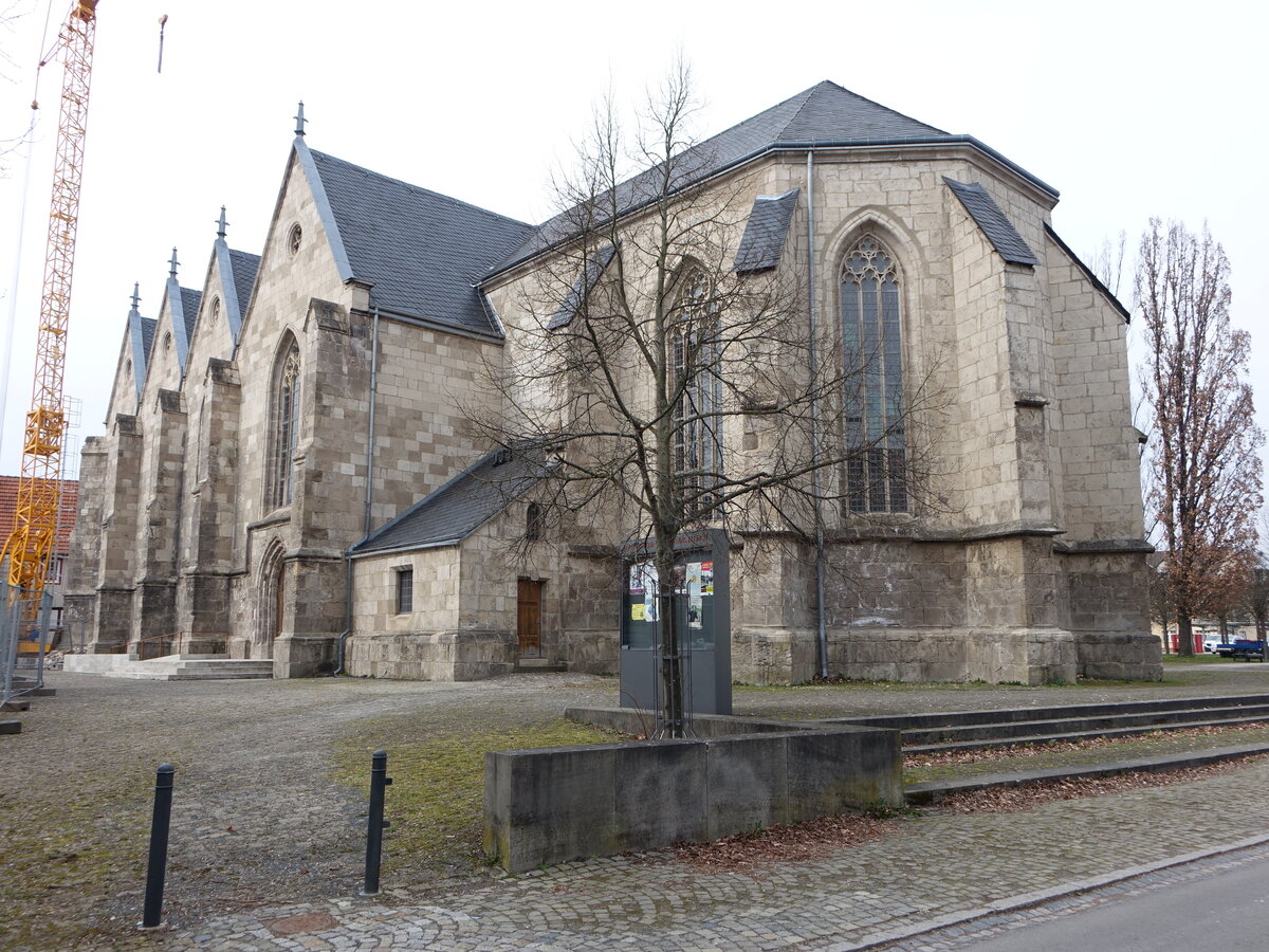Ellrich, evangelische St. Johannis Kirche, dreischiffige Hallenkirche, erbaut 1860 (22.03.2024)