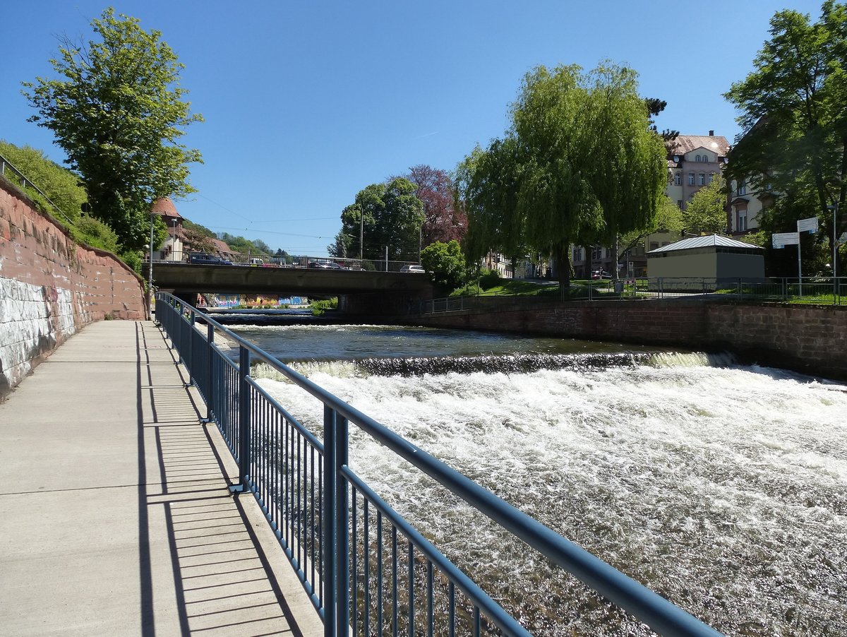 Freiburg, Blick fluaufwrts an der Dreisam auf die Greiffeneckbrcke, Mai 2017