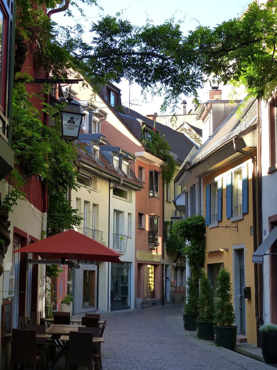 Freiburg, ein Blick in die Konviktstrae, autofreie Geschftsstrae in der Altstadt, Juni 2014