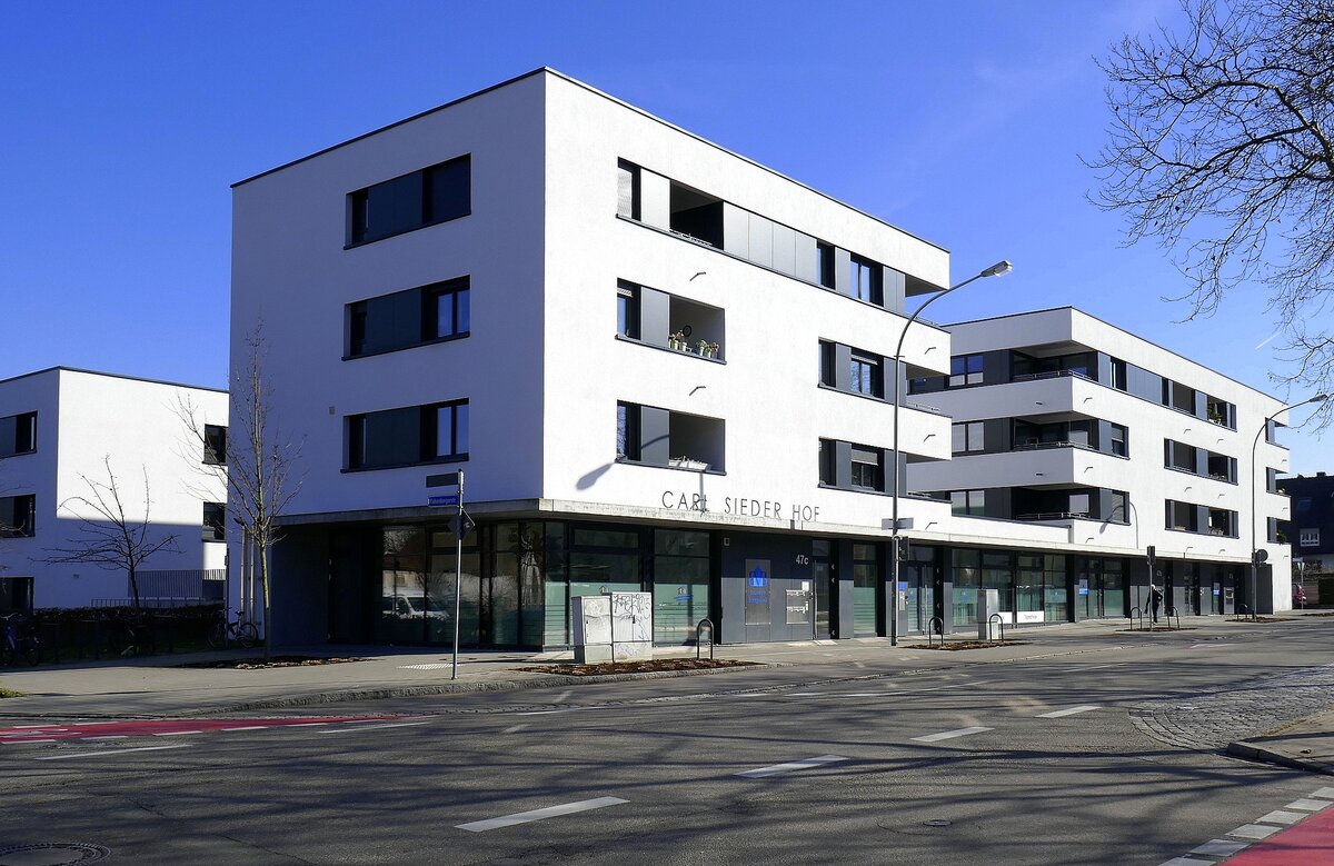 Freiburg-Mooswald, der Carl-Siedler-Hof, ein Generationenquartier, u.a. mit Kindertagessttte und Seniorenbetreuung, Feb.2023
