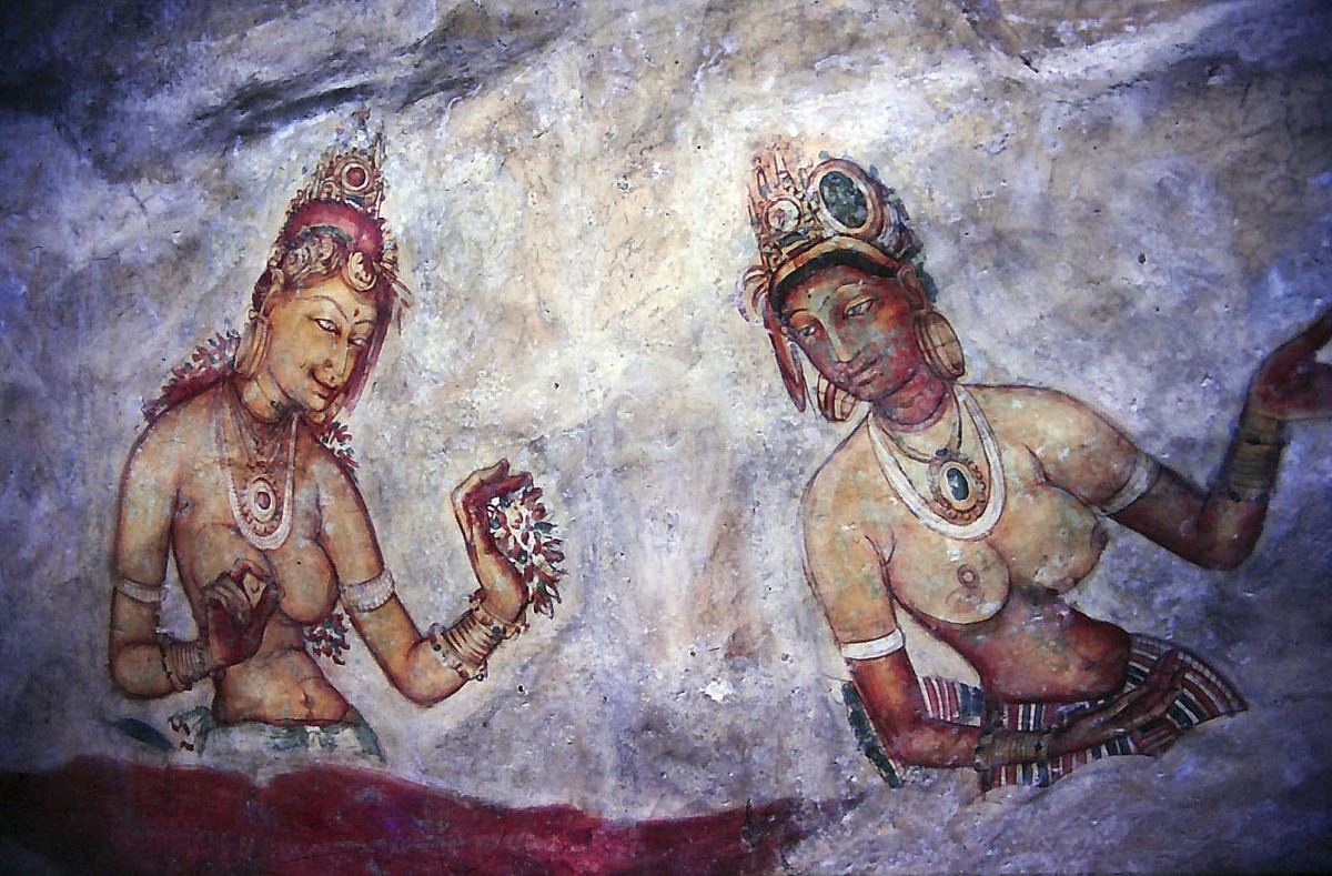 Fresken von barbusigen Frauen (Wolkenmdchen) im Sigiriya-Monolith in Sri Lanka. Aufnahme: Januar 1989 (Bild vom Dia).