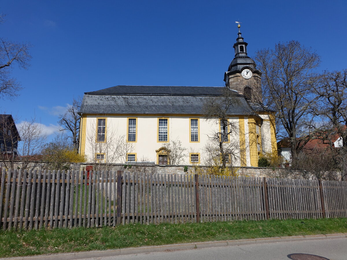 Geschwenda, sptbarocke evangelische St. Nikolai Kirche, erbaut ab 1741 durch Gottfried Heinrich Krohne (16.04.2022)