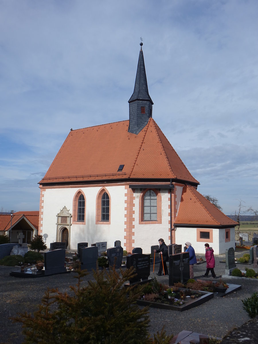 Grogressingen, katholische Filialkirche St. Rochus und Sebastian, nachgotischer Saalbau mit Dachreiter, erbaut 1616 (11.03.2018)