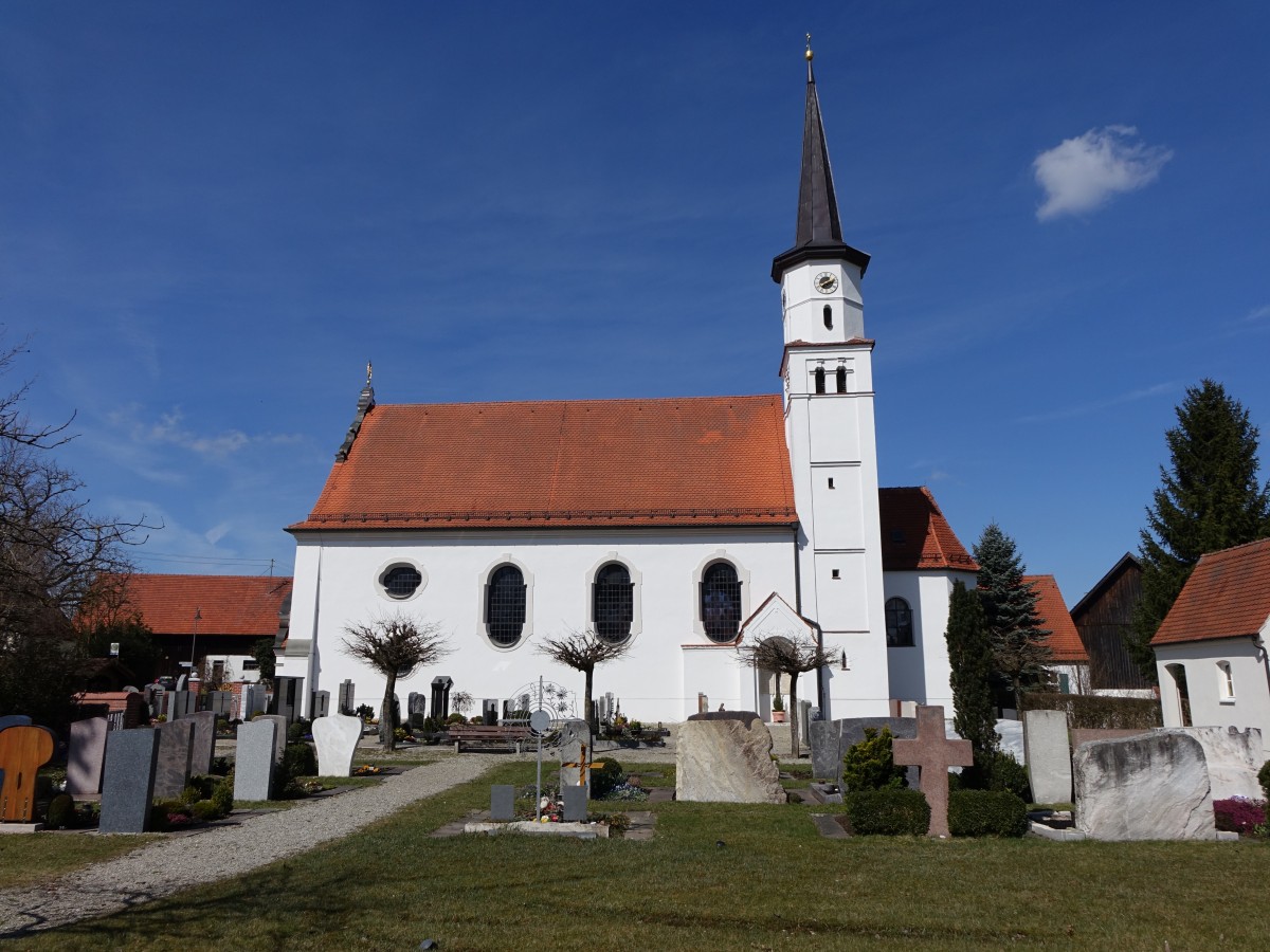 Haberskirch, St. Peter und Paul Kirche, flachgedeckter Saalbau mit eingezogenem Chor, Langhaus neu erbaut von 1910 bis 1911 (03.04.2015)