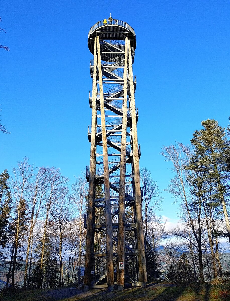 Haslach im mittleren Schwarzwald, auf dem 555m hohen Hausberg Haslachs, dem Urenkopf, steht der Urenkopfturm, der aus Douglasienstmmen erbaute Aussichtsturm ist 34m hoch und wurde 2014 eingeweiht, bietet einen herrlichen Blick ber den Schwarzwald und ins Kinzigtal, Dez.2023