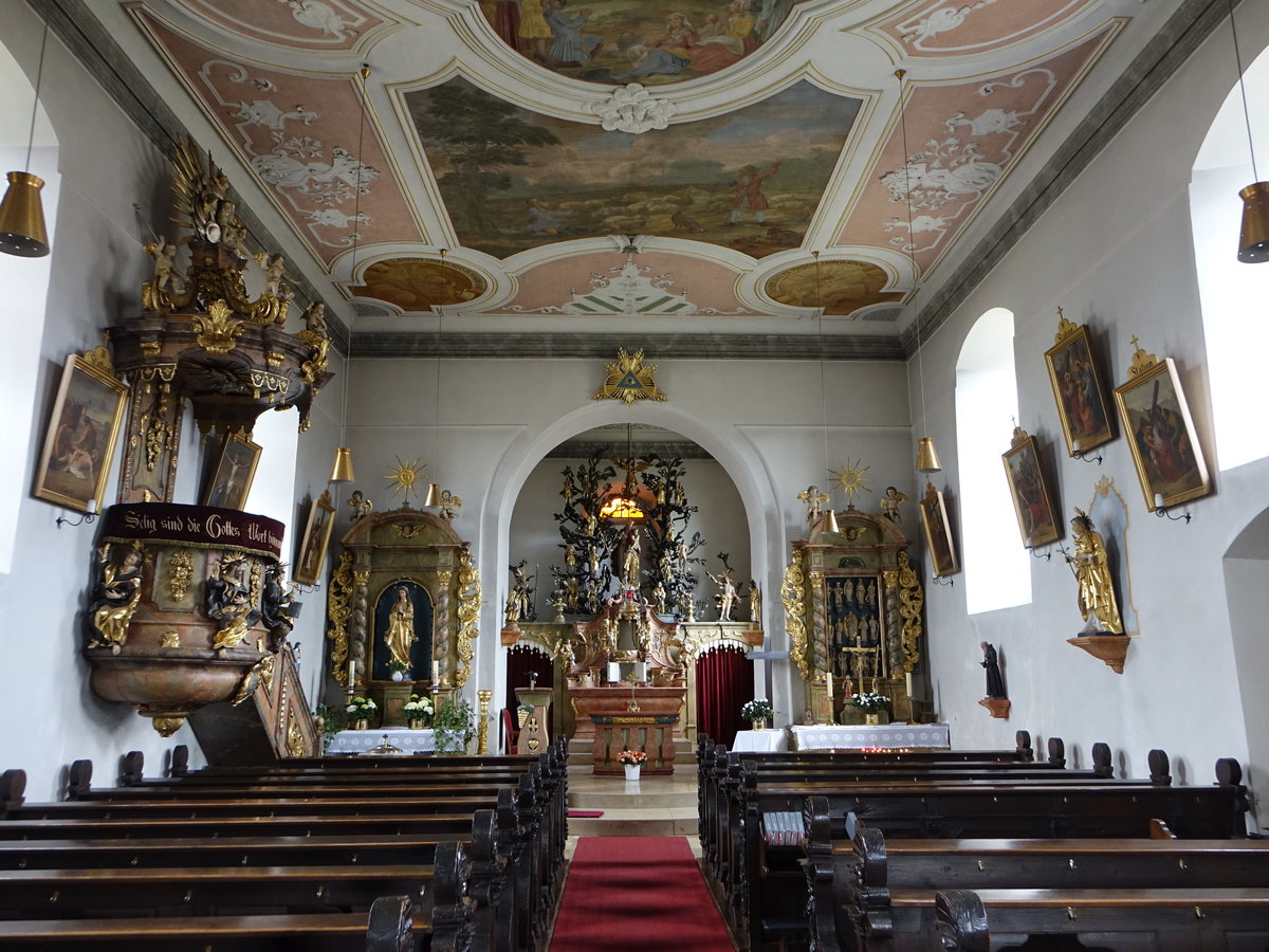 Halach, barocke Kanzel und Altre in der Wallf. Kirche St. Maria und Vierzehn Nothelfer, Gemlde von Maler Tobias Gebhard, Hochaltar von 1665,  (14.04.2017)