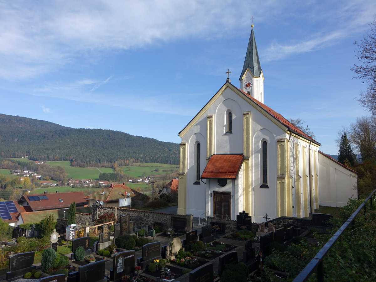 Hohenwarth, neugotische kath. Pfarrkirche St. Johannes, Saalbau mit eingezogenem Chor, erbaut bis 1861 (05.11.2017)