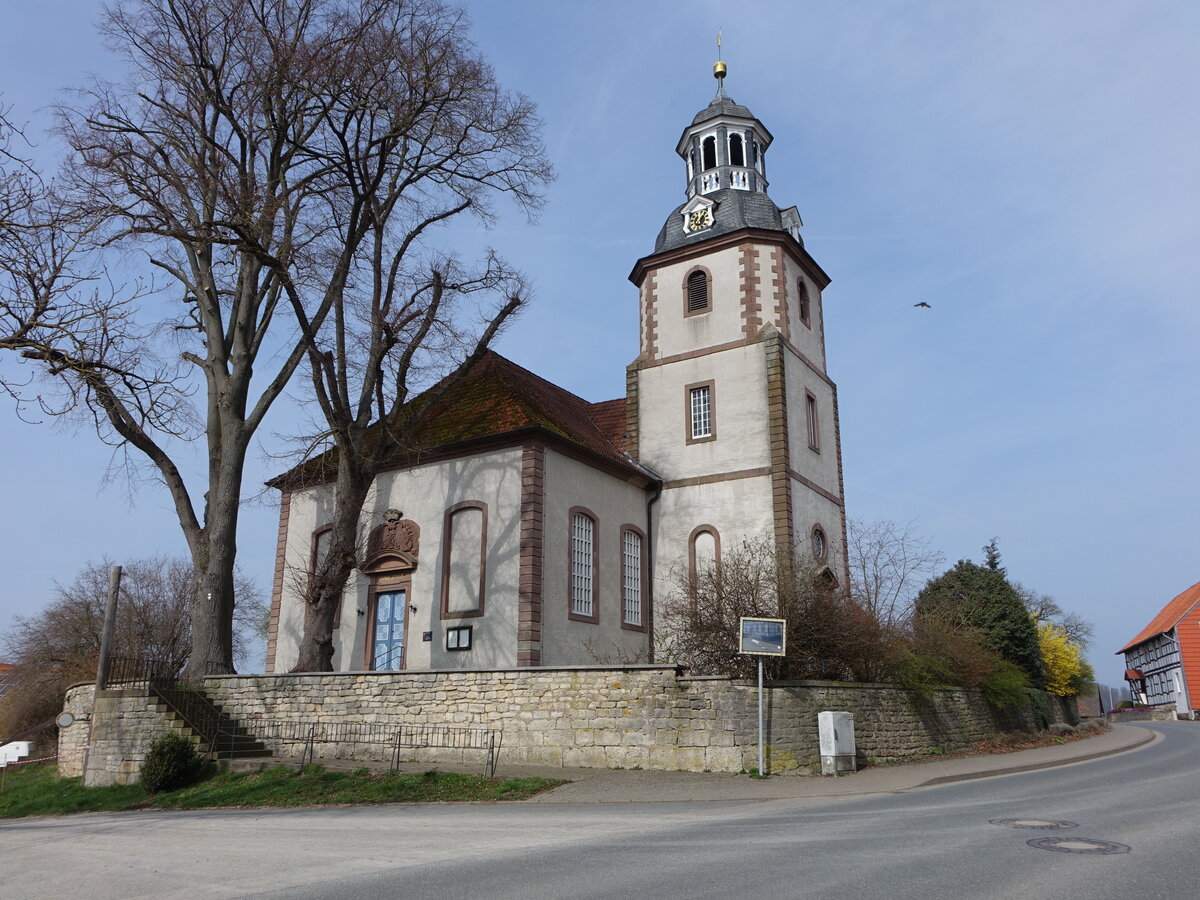 Imbshausen, evangelische St. Marcus Kirche, erbaut von 1722 bis 1730 durch den Baumeister Bhm (19.03.2024)