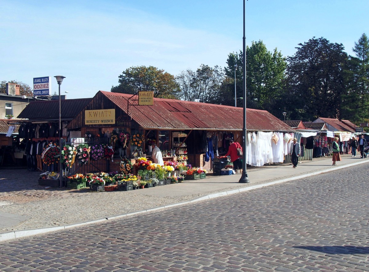 In den Marktstnden neben der historischen Markhalle werden Textilien und Blumen angeboten. (2. Oktober 2015)
