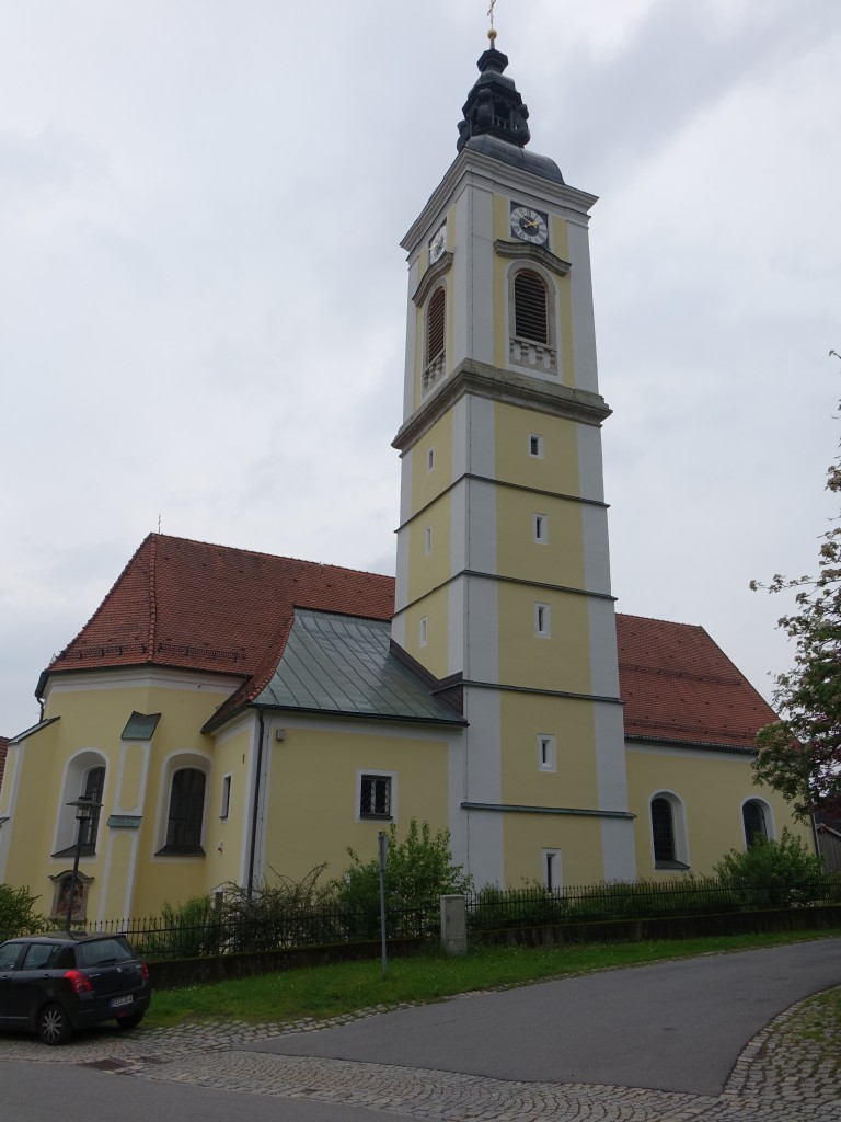 Kirchdorf im Wald, Pfarrkirche Mari Unbefleckte Empfngnis, das Langhaus der ursprnglich sptgotischen Kirche wurde 1708 barock umgestaltet, Rokokoaustattung 1756 (24.05.2015)