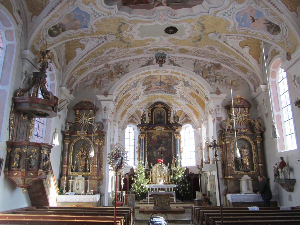 Lamerdingen, St. Martin Kirche, Stuck von Matthias Stiller, Fresken von Johann Georg Lederer, Hauptaltar von 1694 (01.02.2014)