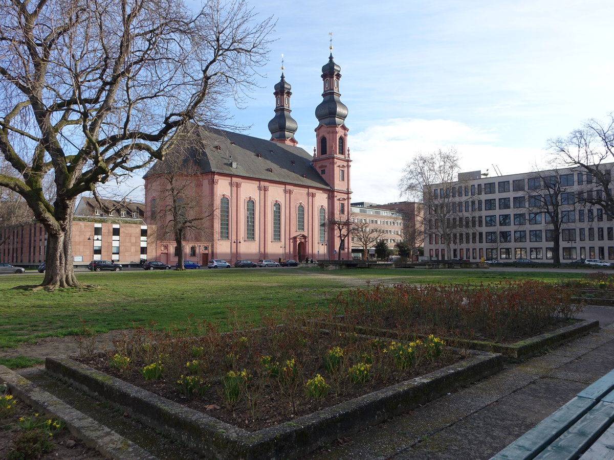 Mainz, Pfarrkirche St. Peter, barocker Hallenbau mit Doppelturmfassade, erbaut von 1749 bis 1756 durch  Johann Valentin Thoman (01.03.2020)
