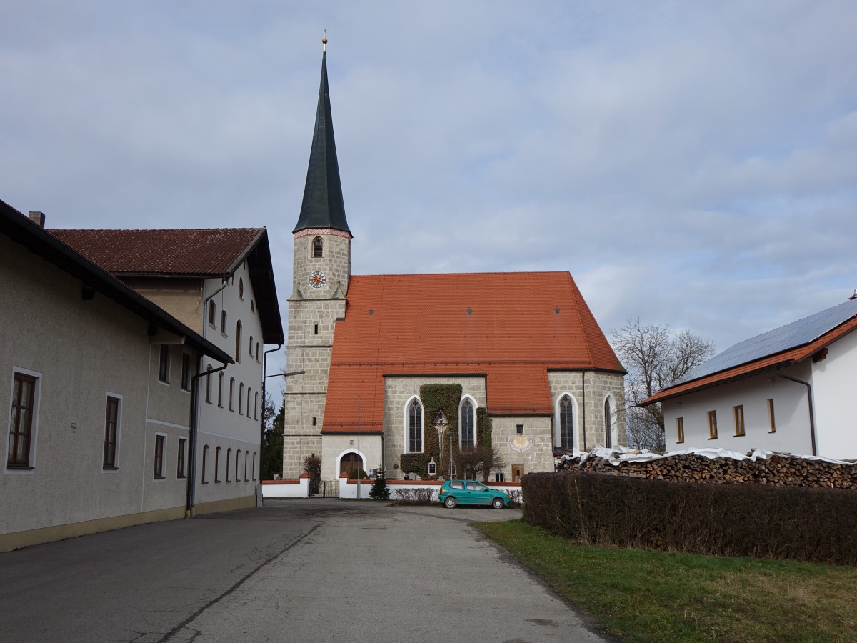 Mauerberg, Pfarrkirche St. Stephan, sptgotischer Nagelfluhquaderbau, erbaut 1484 (14.02.2016)