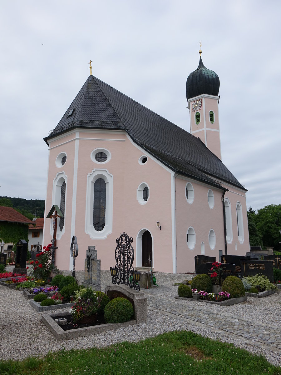Mittenkirchen, barocke St. Nikolaus Kirche, Saalbau mit sechseckigem Westturm mit Kuppelhaube, erbaut bis 1688 durch Hans Mayr (03.07.2016)