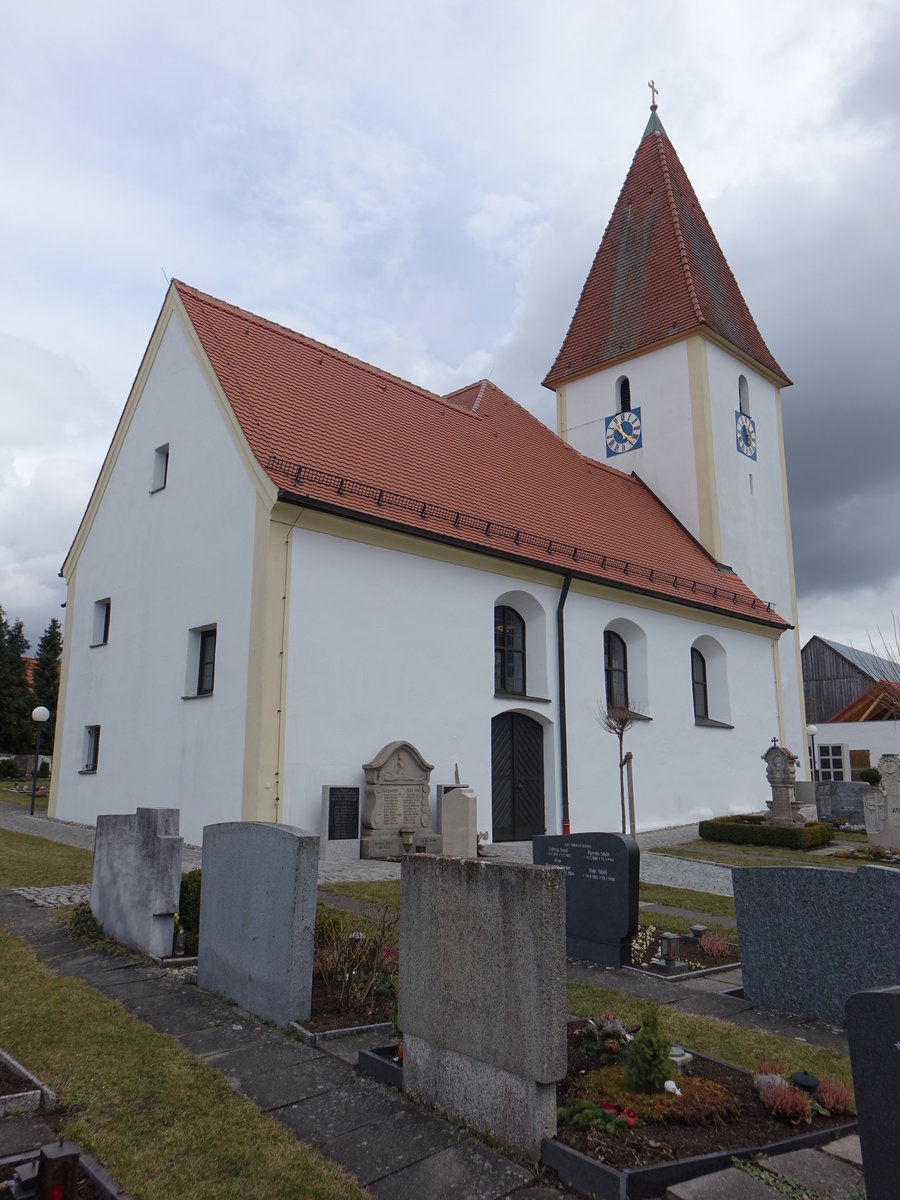 Mrsdorf, Pfarrkirche St. Blasius, erbaut ab 1656, Saalkirche mit Chorturm, von 1919 bis 1921 durch Otto Schulz Erweiterungsbau nach Norden (05.03.2017)