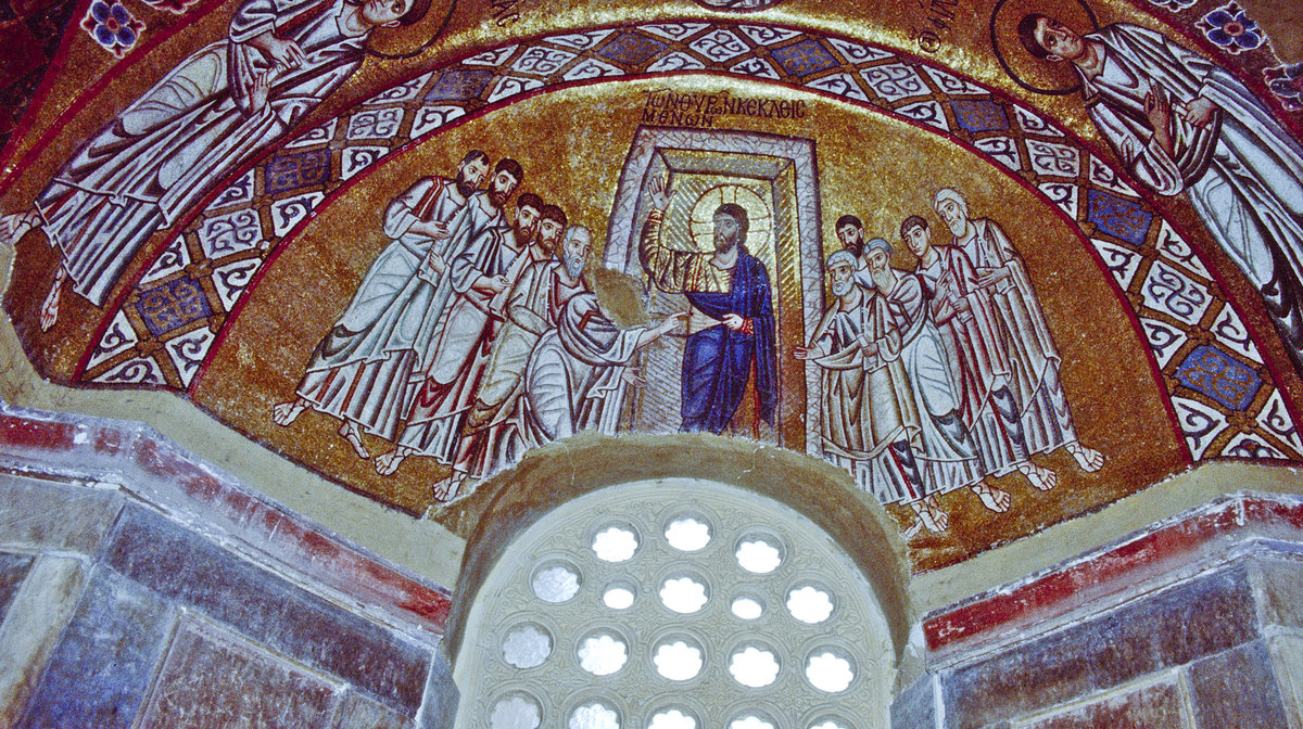 Mosaik im byzantinischen Kloster Osios Loukas nahe dem Ort Arachova. Bild vom Dia. Bild vom Dia. Aufnahme: Juni 1992.